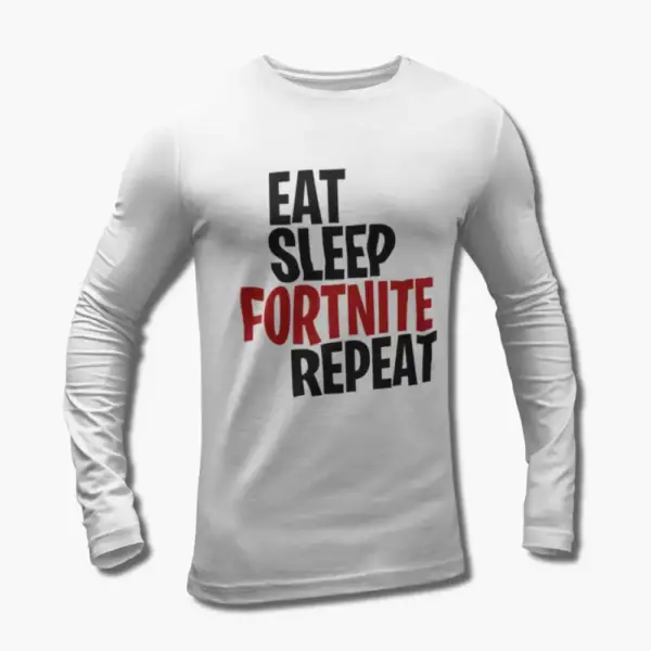Fortnite Long Sleeve T-Shirt, Eat Sleep Fortnite Repeat White Longsleeve Tee Shirt