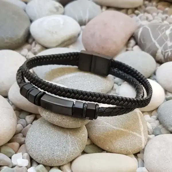 Black 2 Row Leather Bracelet - Image 2
