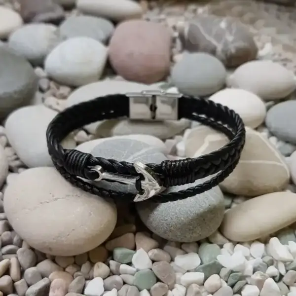 Genuine Knitted Leather, Anchor Bracelet - Image 2