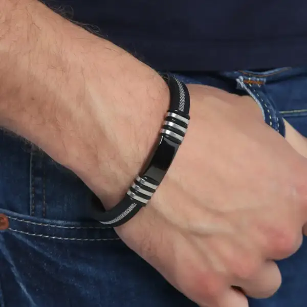 Black Rubber Bracelet with Steel Components - Image 2