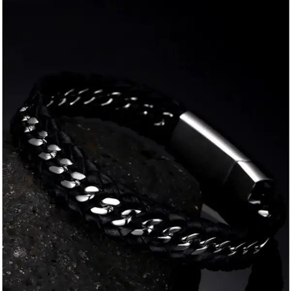 Black Genuine Leather Bracelet with Steel Component - Image 2