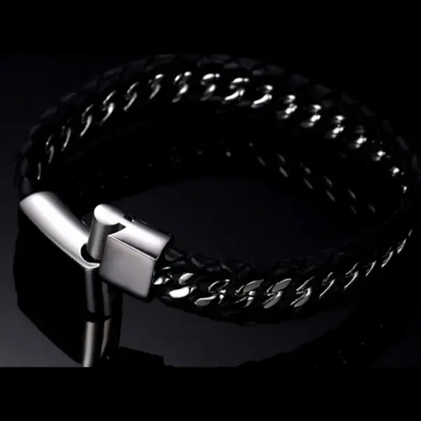 Black Genuine Leather Bracelet with Steel Component - Image 3