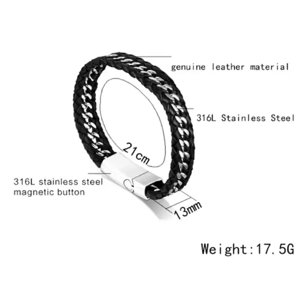 Black Genuine Leather Bracelet with Steel Component - Image 4