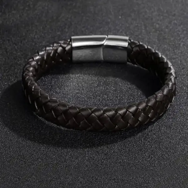 Brown Leather with Shiny Steel Component Bracelet - Image 3
