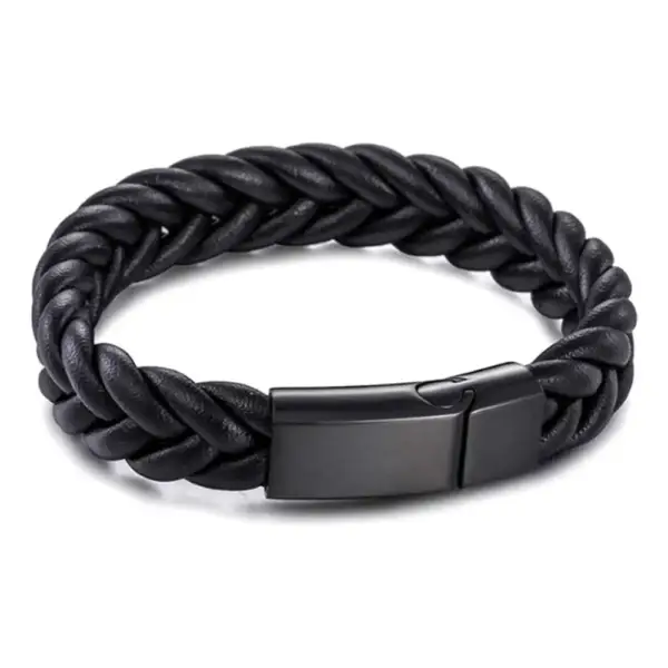 Black Genuine Leather Bracelet with Steel Component
