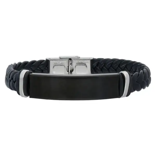 Black Genuine Leather Bracelet with Steel Component