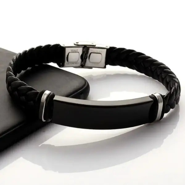 Black Genuine Leather Bracelet with Steel Component - Image 3