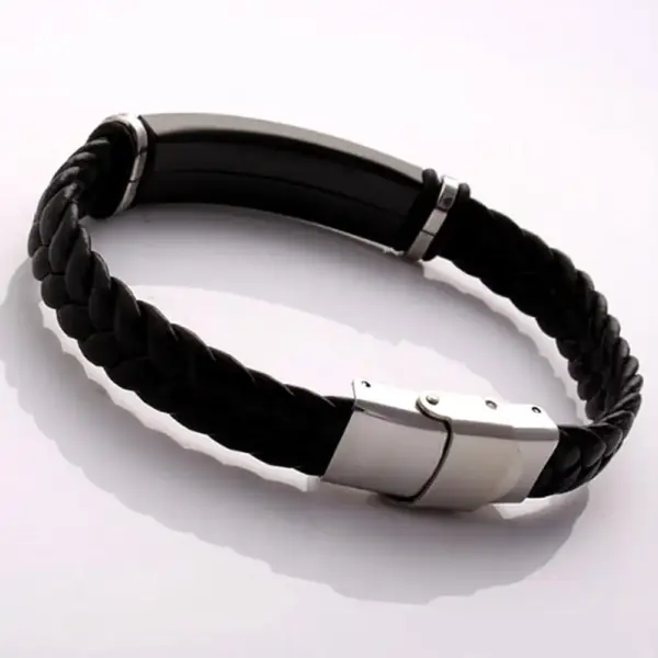 Black Genuine Leather Bracelet with Steel Component - Image 4