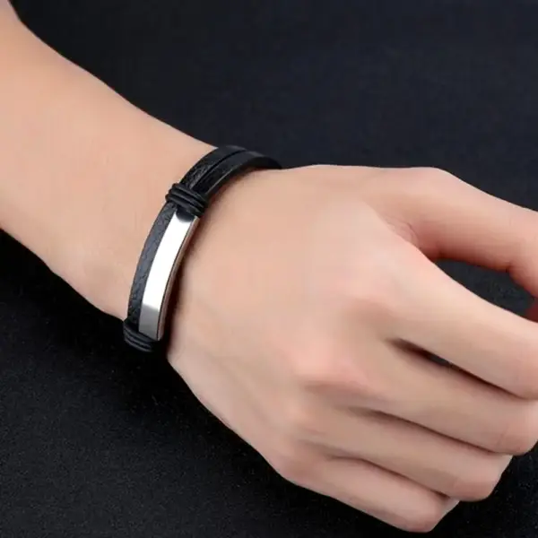 Genuine Leather Bracelet with Gray Steel Component - Image 2
