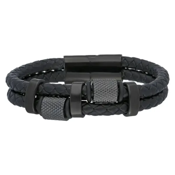 Black 2 Row Genuine Leather Bracelet with Steel Component