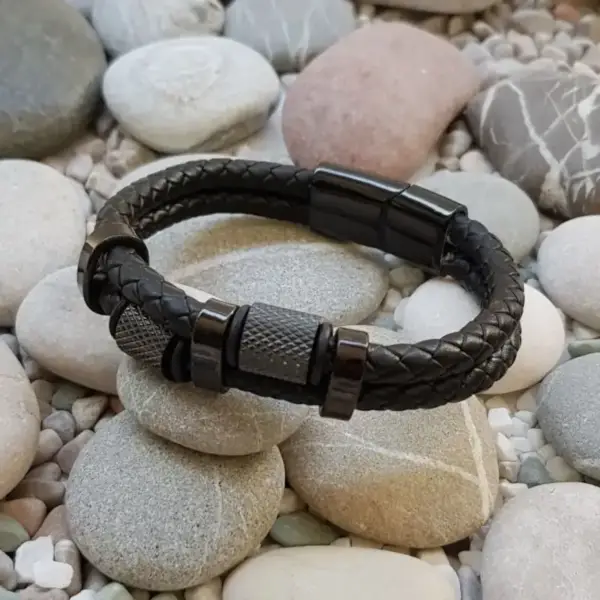 Black 2 Row Genuine Leather Bracelet with Steel Component - Image 2