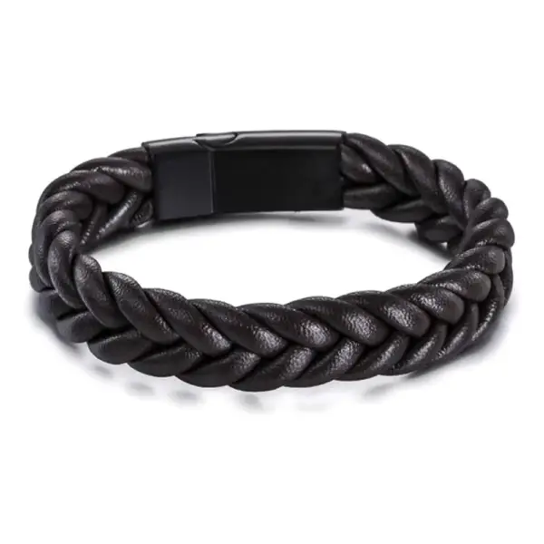 Black Genuine Leather Bracelet with Steel Component - Image 2