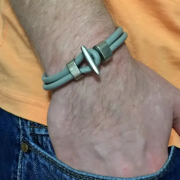 Gray Genuine Leather Bracelet with Metal Hook - Image 2