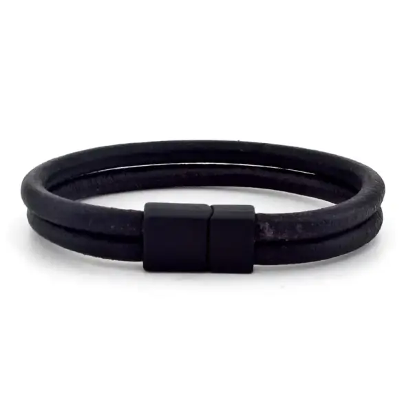 Double Row Black Leather Bracelet - Image 2