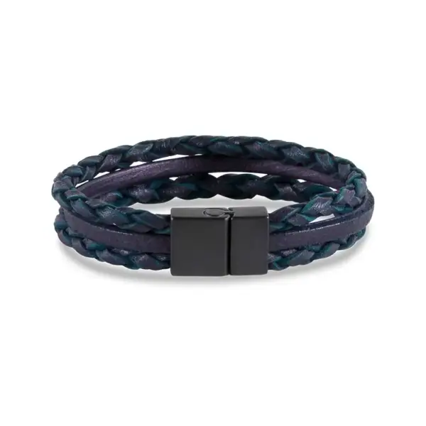 Three-Band Navy Blue & Green Leather Bracelet